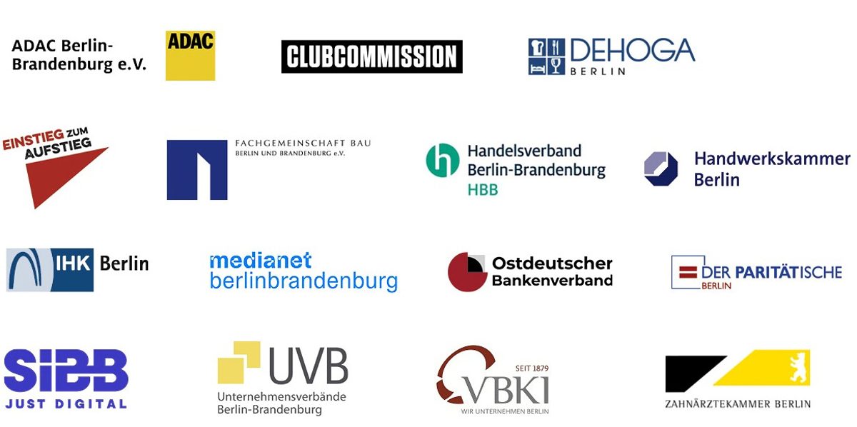 Logos der beteiligten Verbände und Unternehmen der Initiative sowie Webseite #BerlinerWirtschafthilft