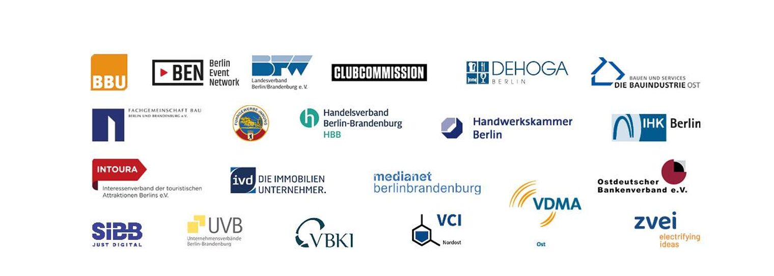 Logos aller Berliner Verbände und Kammern, die an der gemeinsamen Erklärung mitgewirkt haben.