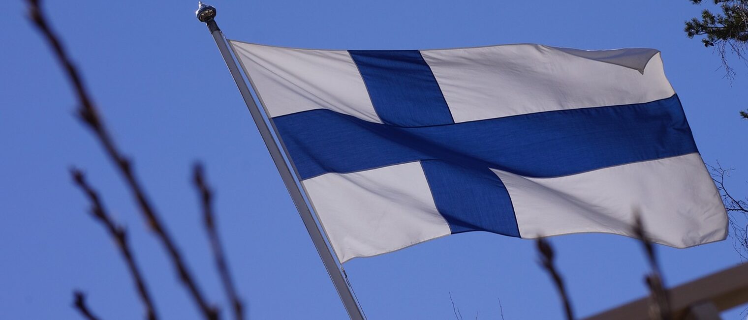Die Flagge Finnlands weht vor einem wolkenlosen blauen Himmel im Wind. Im unscharfen Vordergrund sind ein Zaun und knospende Zweige erkennbar.