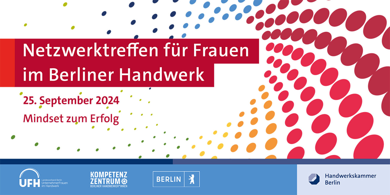 Postkartenmotiv der Veranstaltung "Netzwerktreffen für Frauen im Berliner Handwerk" am 25.09.2024 mit bunter Grafik.