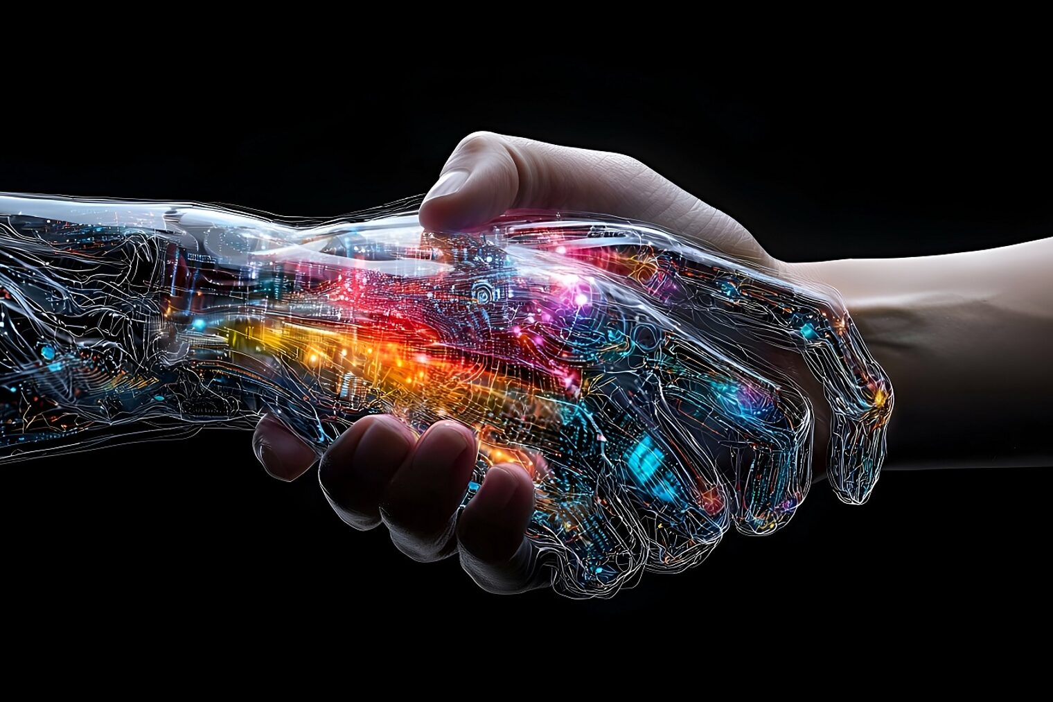 Menschliches Händeschütteln mit einem digitalen Partner: Eine farbenfrohe abstrakte Darstellung der technologischen Zusammenarbeit